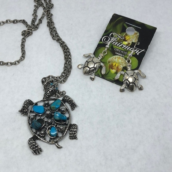 CURATED bundle turquoise turtle pendant necklace and earrings boho - Picture 1 of 5